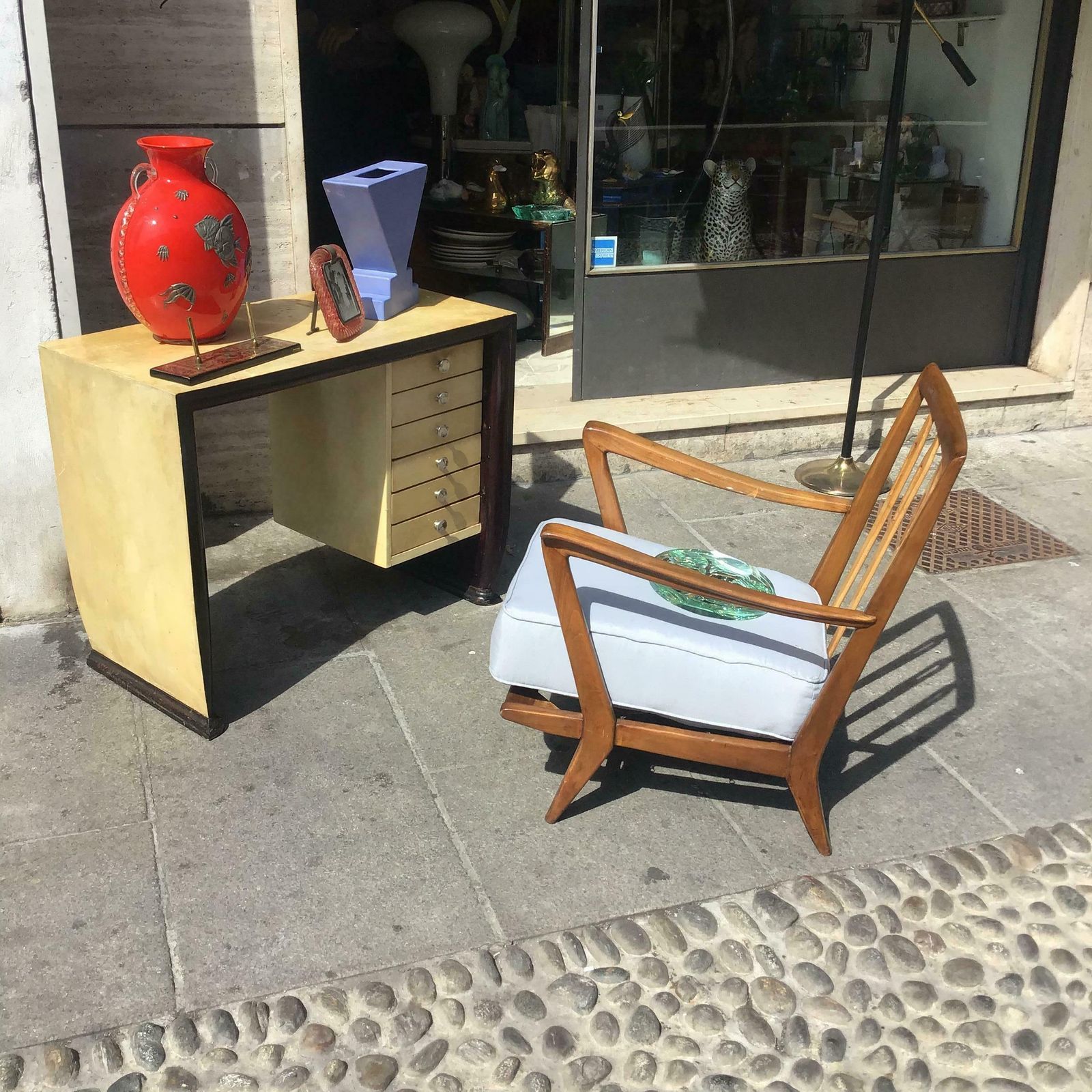 Osvaldo Borsani Wooden Desk Covered With Parchment Steel Handles 1940 Italy photo Furniture