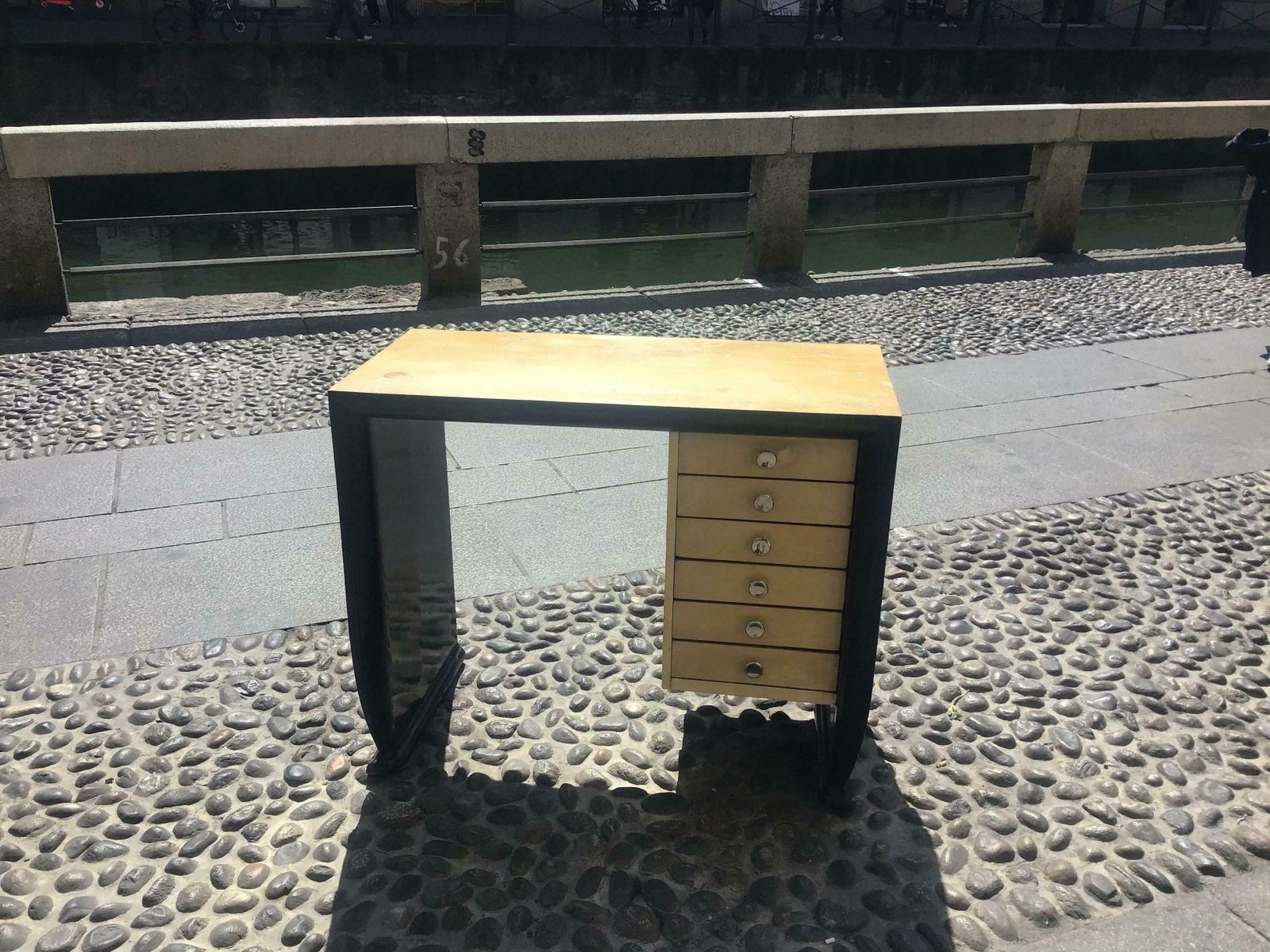photo vinterior Osvaldo Borsani Wooden Desk Covered With Parchment Steel Handles 1940 Italy