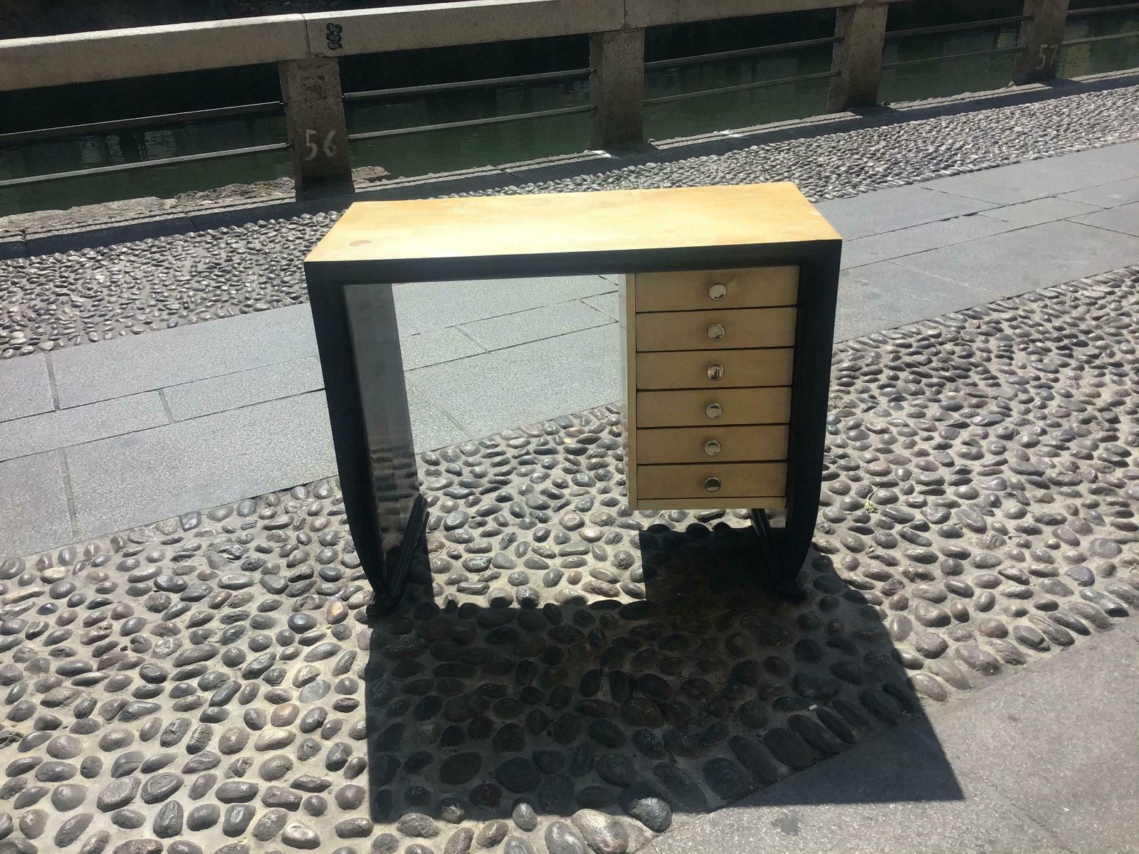 photo vintage Osvaldo Borsani Wooden Desk Covered With Parchment Steel Handles 1940 Italy