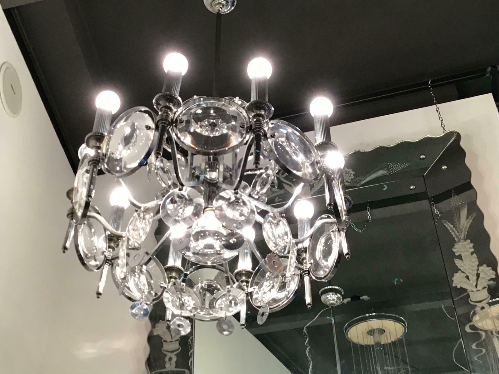 Oscar Torlasco Couple Chandelier Glass Metal Chrome 1960 Italy photo Lighting