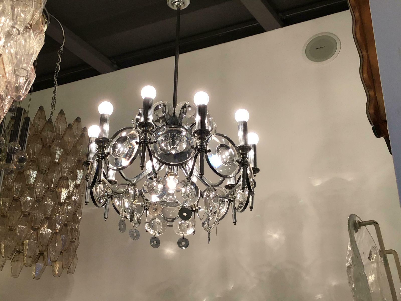 Oscar Torlasco Couple Chandelier Glass Metal Chrome 1960 Italy photo vinterior