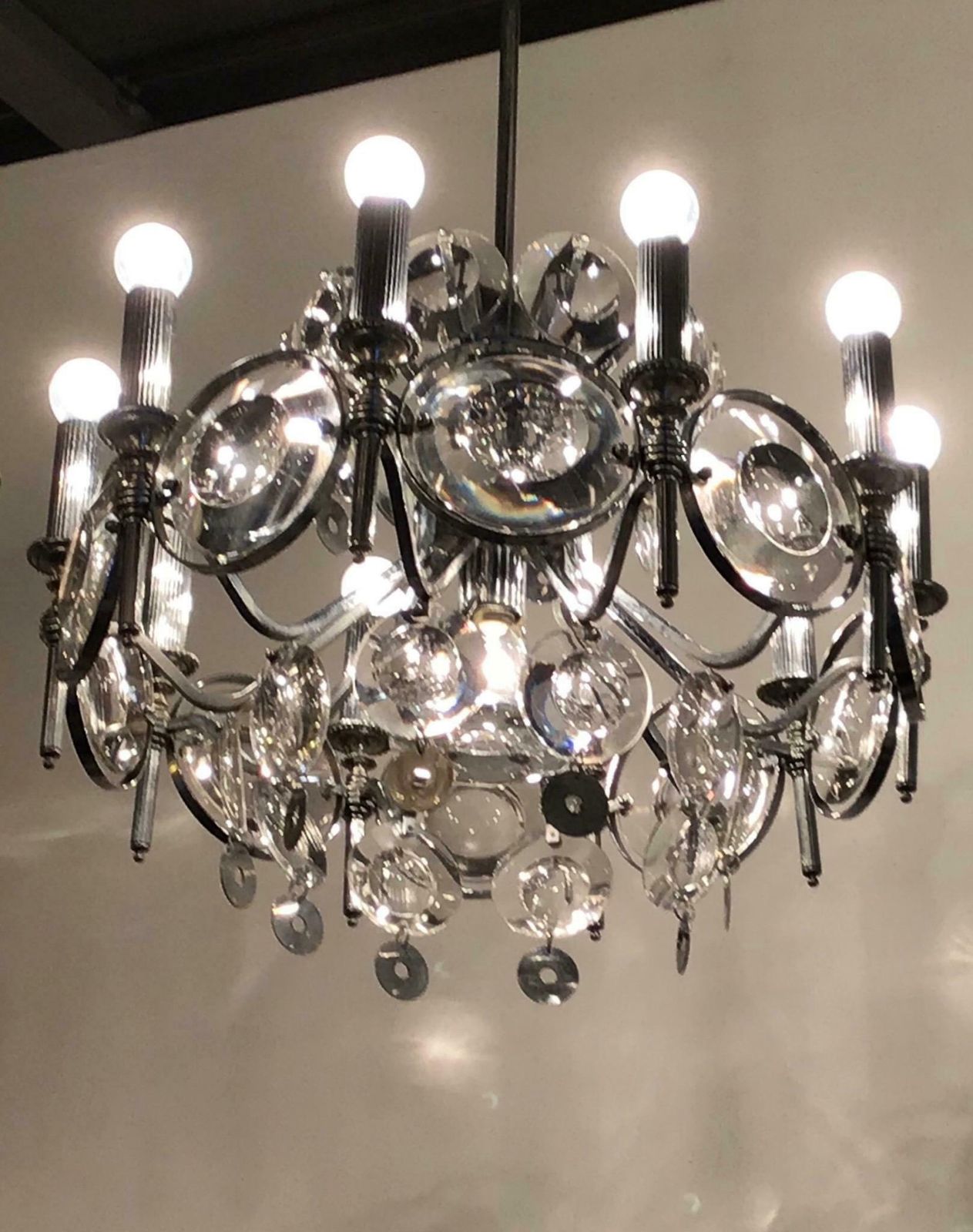 Oscar Torlasco Chandelier Glass Metal Crome 1960 Italy photo furniture