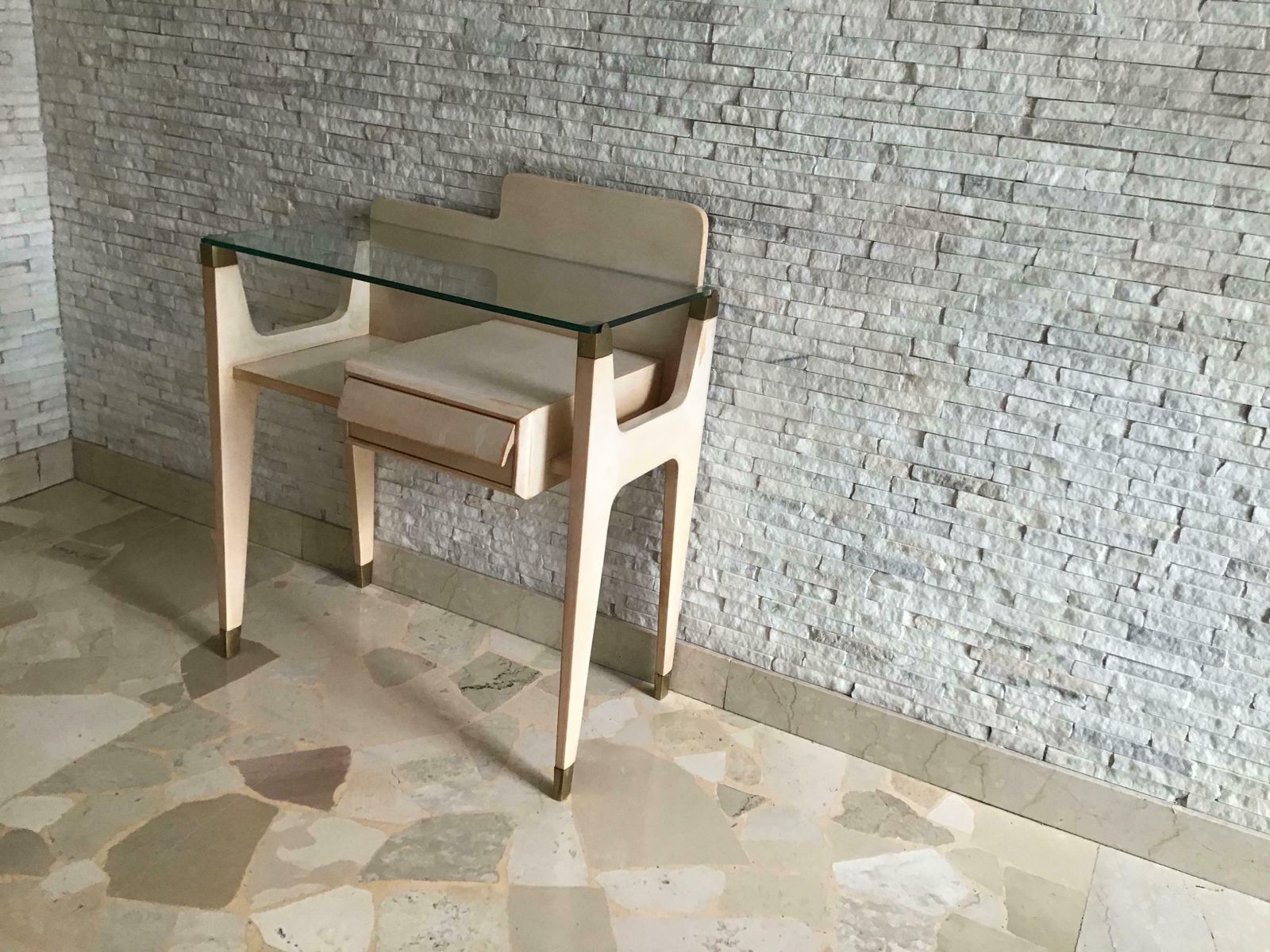 Gio Ponti Stile Bedside Tables Brass Wood Glass 1950 Italy photo for sale