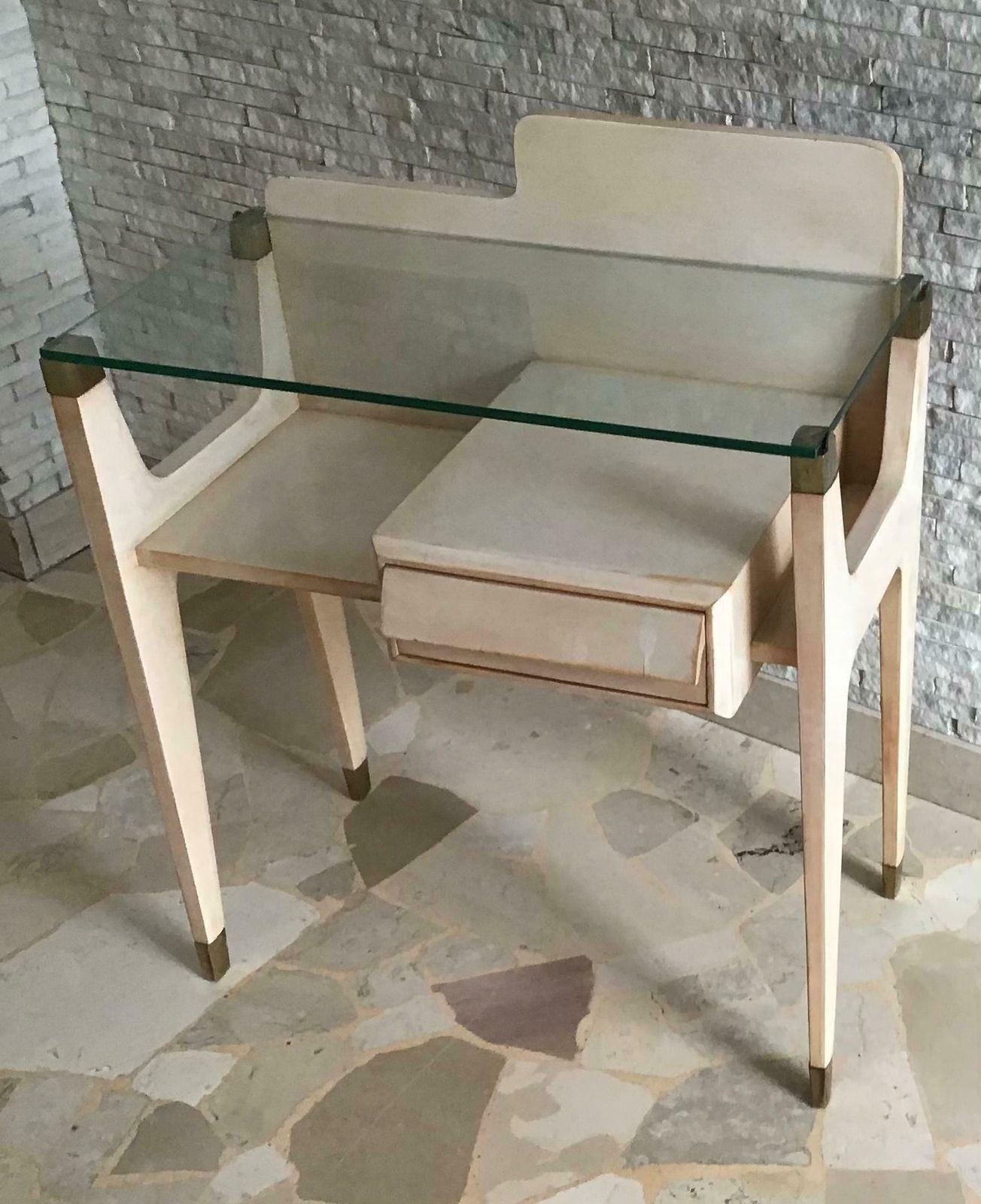photo for sale Gio Ponti Stile Bedside Tables Brass Wood Glass 1950 Italy