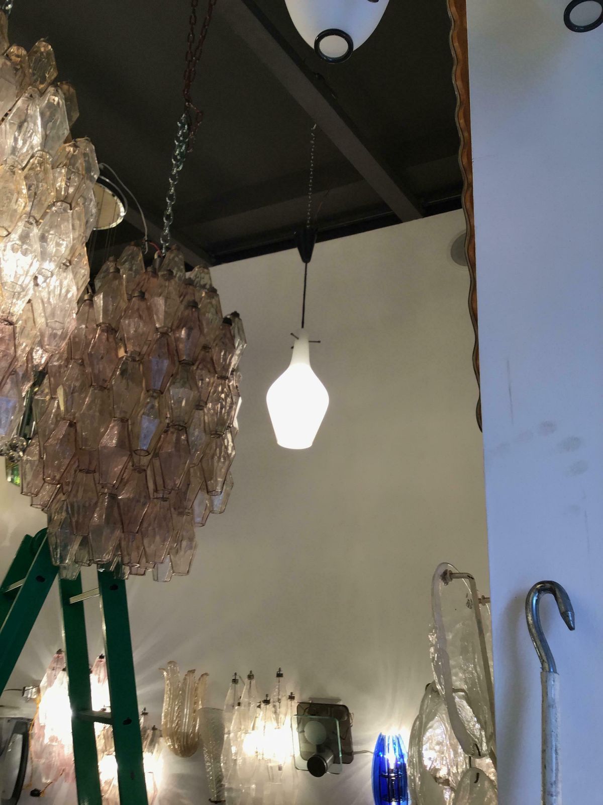 Stilnovo Chandelier Opaline Glass Brass Plex. 1950 Italy photo vinterior