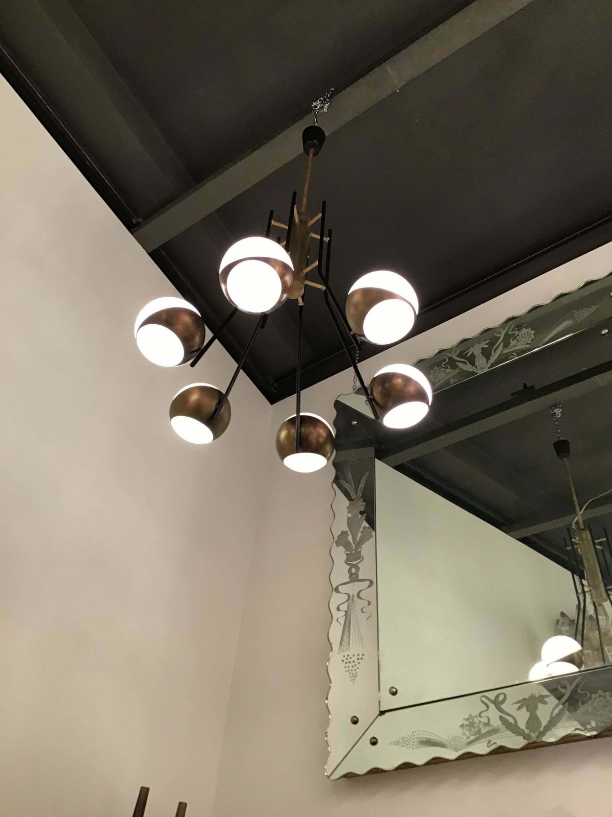Stilnovo Style Chandelier Brass Opaline Glass Iron, 1950, Italy photo vintage