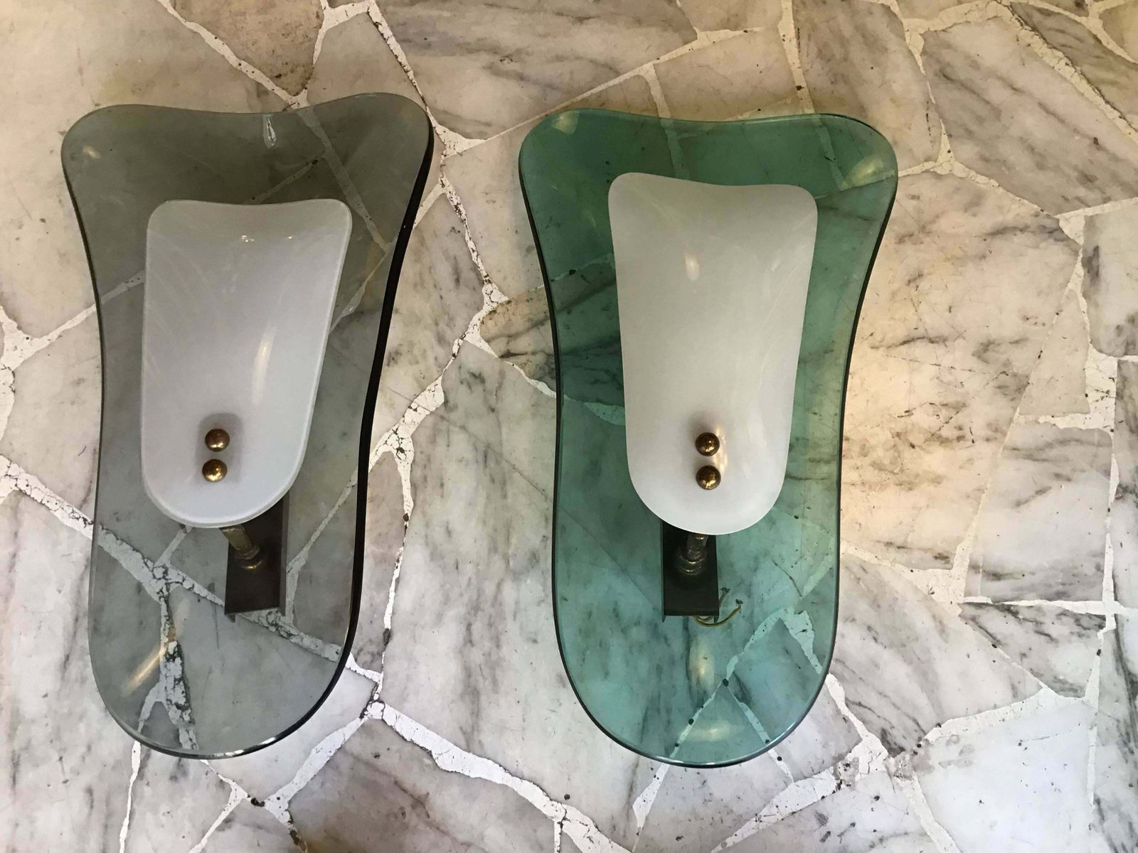 Pair Of Fontana Arte Emerald Green And Greynglass Italian Sconces, 1960 photo for sale