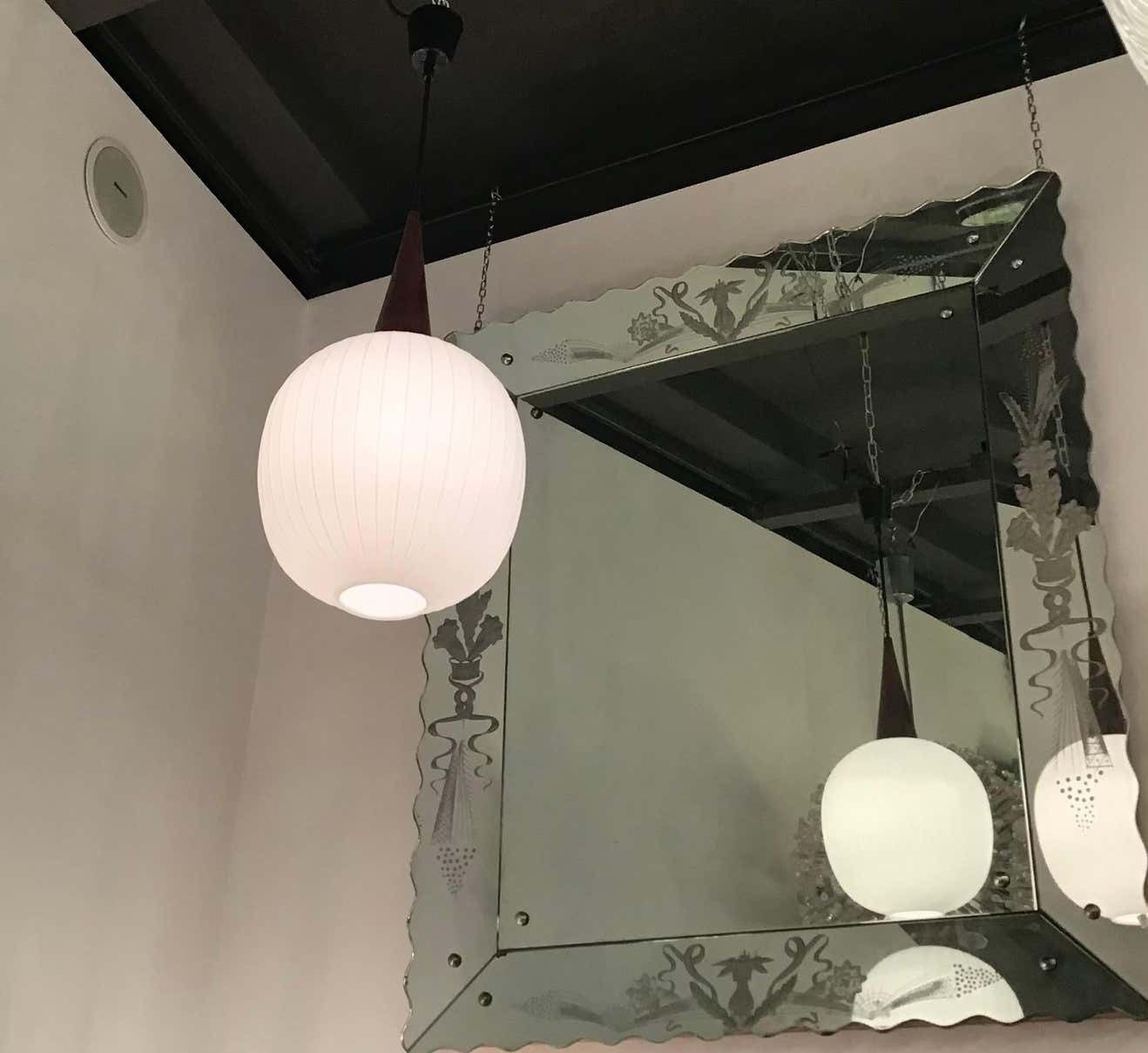 Stilnovo Stile Chandelier Opaline Glass Wood Metal, 1965, Italy photo vinterior