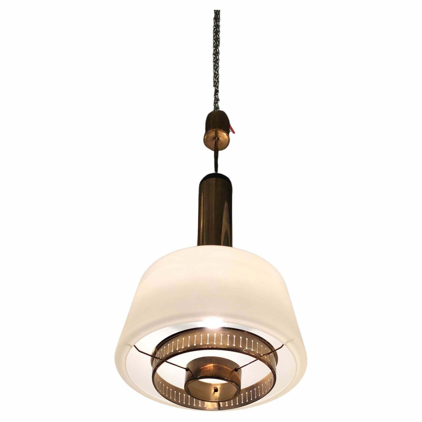 Stilnovo Chandelier Brass Opaline Glass 1955 Italy