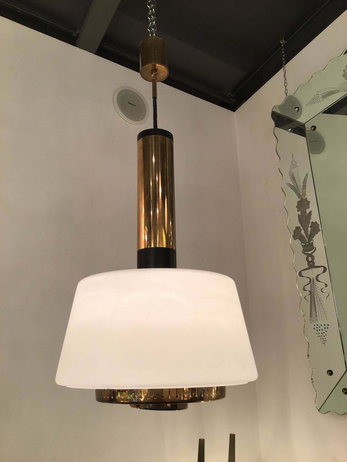 Stilnovo Chandelier Brass Opaline Glass 1955 Italy photo Lighting