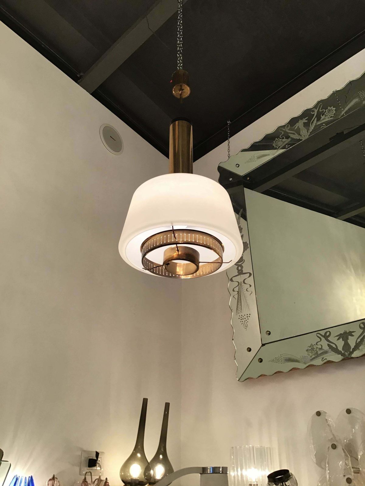 photo for sale Stilnovo Chandelier Brass Opaline Glass 1955 Italy