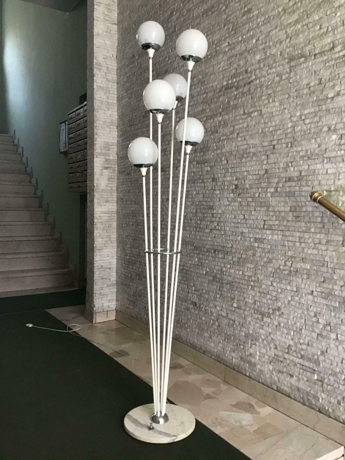 Stilnovo Style Floor Lamp Glass Marble Metal, 6 Lights, 1950, Italy “Alberello” photo furniture