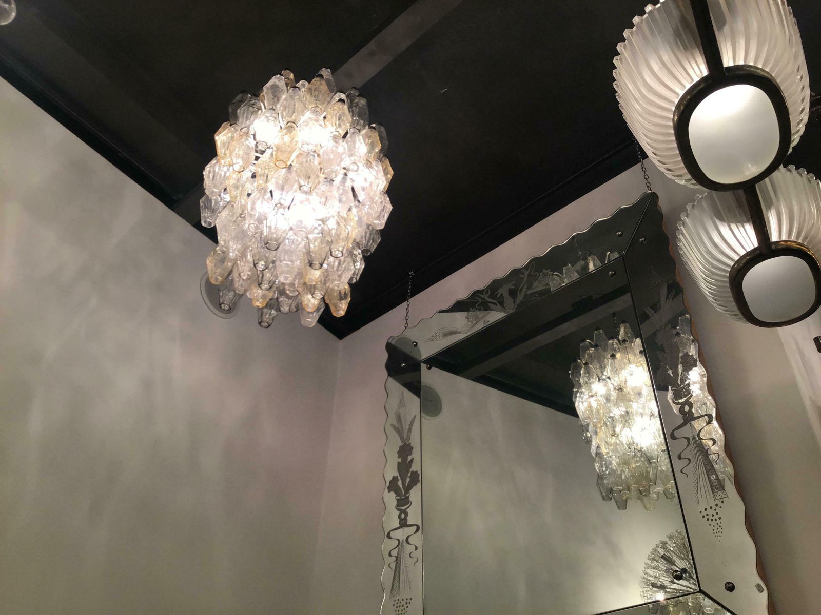Lighting Venini “Carlo Scarpa “ Poliedri. Chandelier Brass Murano Glass Iron 1955 Italy photo