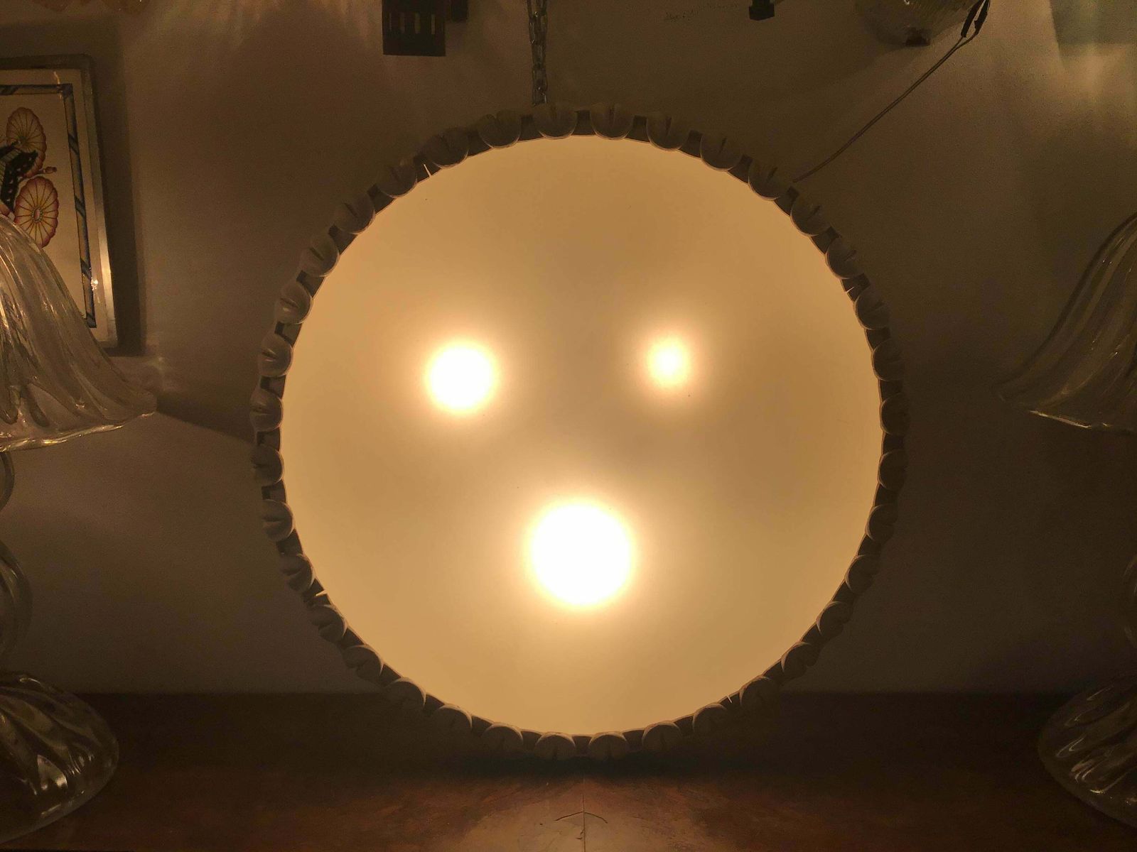 Fontana Arte Ceiling Light Curved Etched Glass Wood Brass, 1940, Italy photo buy