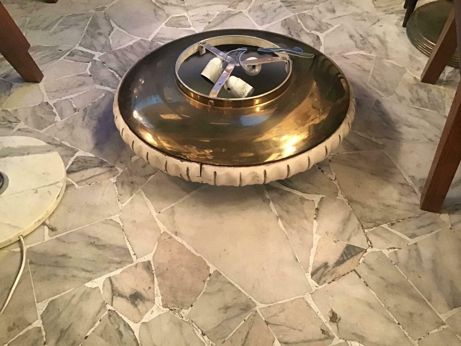photo for sale Fontana Arte Ceiling Light Curved Etched Glass Wood Brass, 1940, Italy