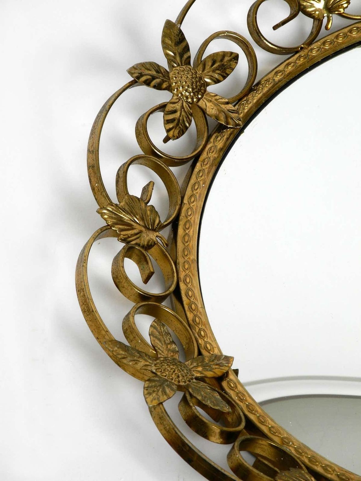 Beautiful Midcentury Brass Wall Mirror With Convex Curved Mirror Glass photo vintage