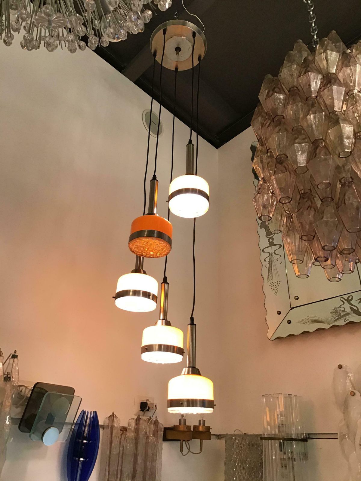 Stilnovo Style Chandelier 5 Light Glass Metal Crome, 1960, Italy photo furniture