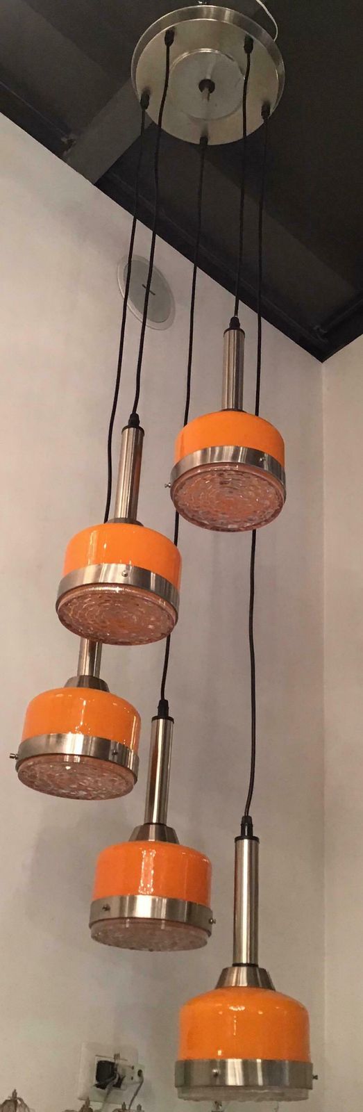 photo furniture Stilnovo Style Chandelier 5 Light Glass Metal Crome, 1960, Italy