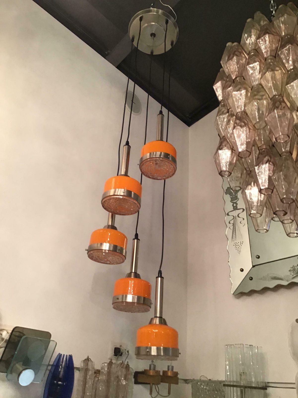 photo for sale Stilnovo Style Chandelier 5 Light Glass Metal Crome, 1960, Italy