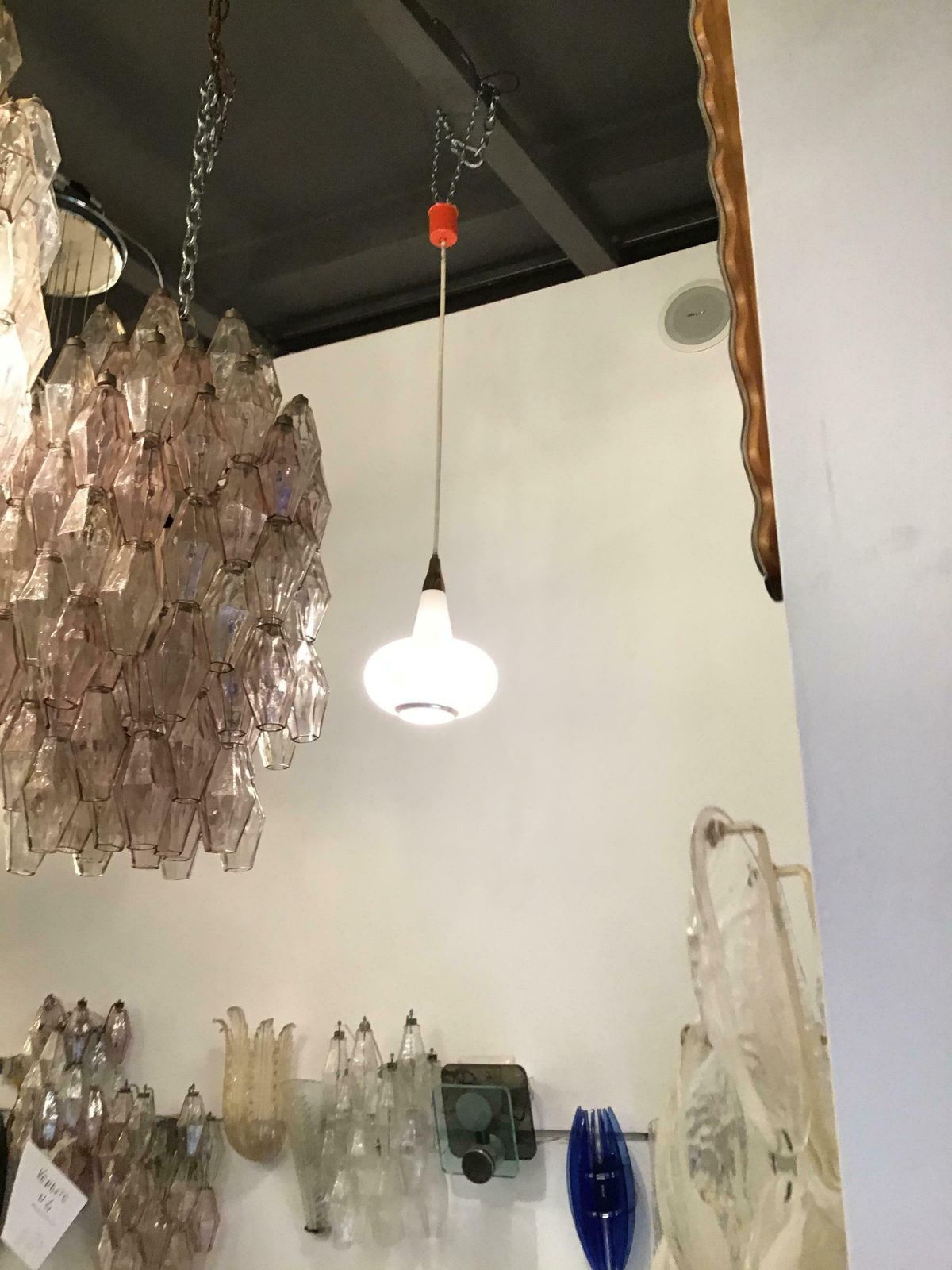 Stilnovo Style Chandelier Brass Opaline Glass Metal, 1950, Italy photo furniture