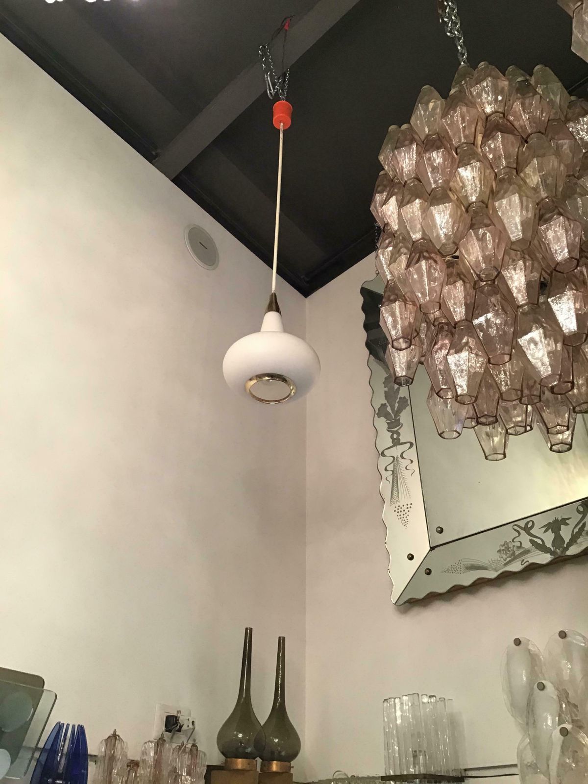 Stilnovo Style Chandelier Brass Opaline Glass Metal, 1950, Italy photo vinterior