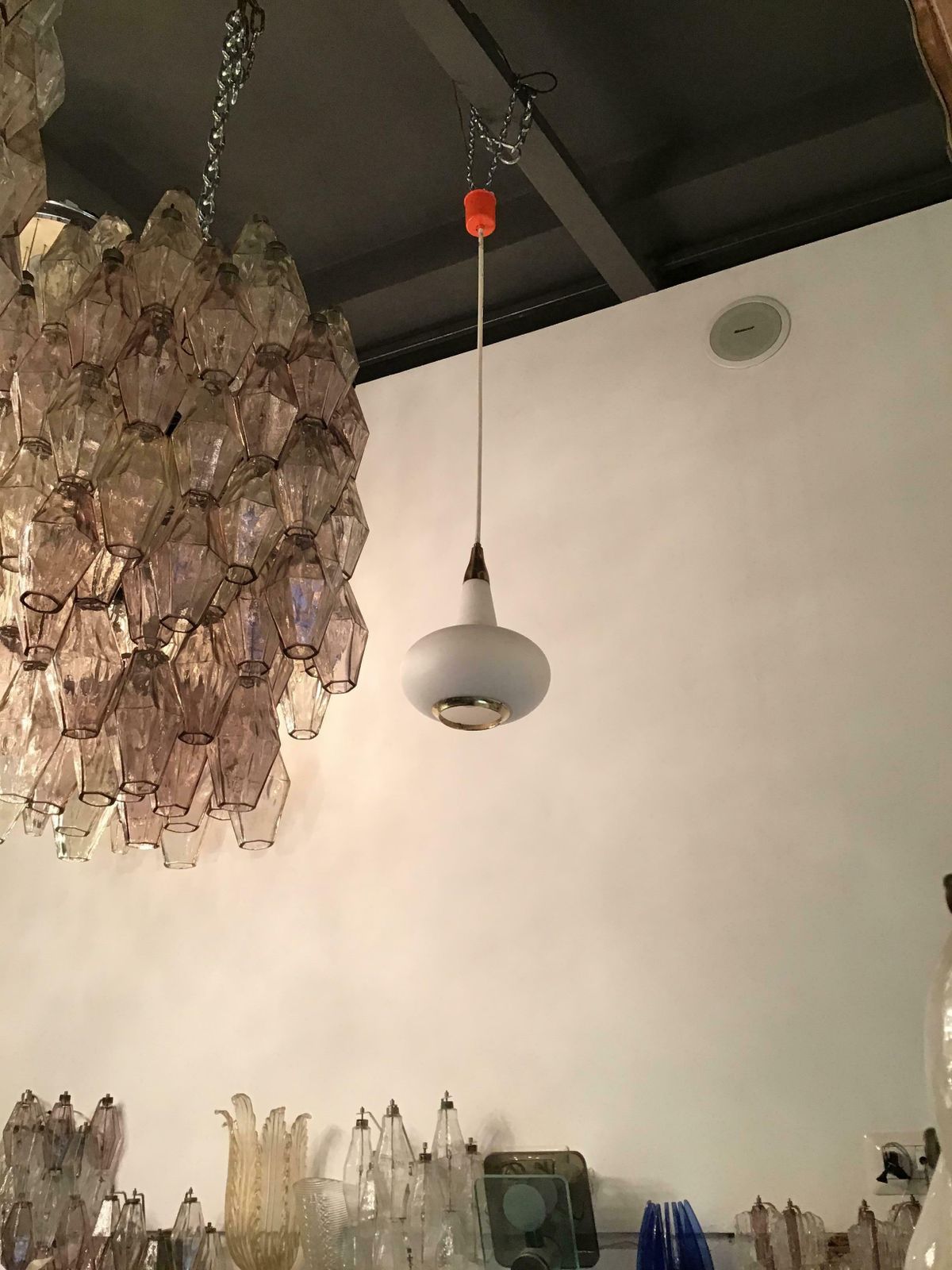 Stilnovo Style Chandelier Brass Opaline Glass Metal, 1950, Italy photo vintage