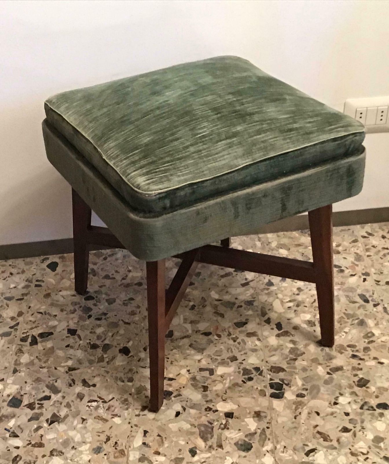 Gio Ponti “Stile” Pair Of Benches /Stools Wood Seat Wood Velvet, 1950, Italy photo vintage