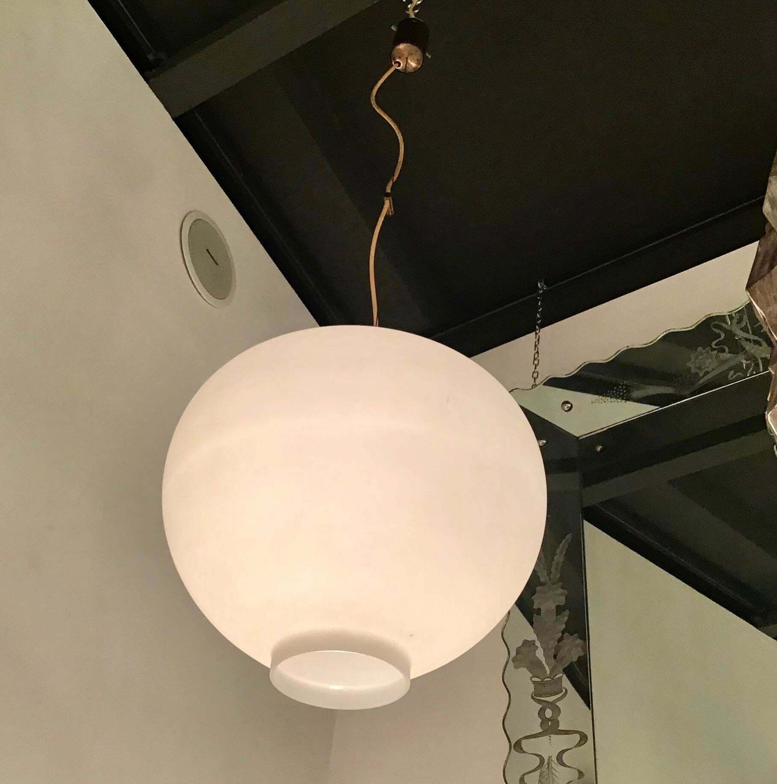 Stilnovo Style Chandelier Brass Opaline Glass, 1950, Italy photo vintage