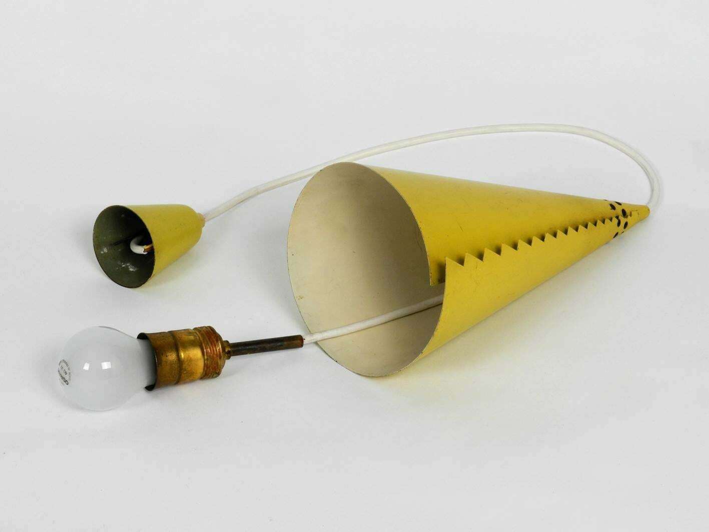 Rare Mid Century Modern Cone Shaped Pendant Lamp Made Of Sheet Steel In Yellow photo vintage
