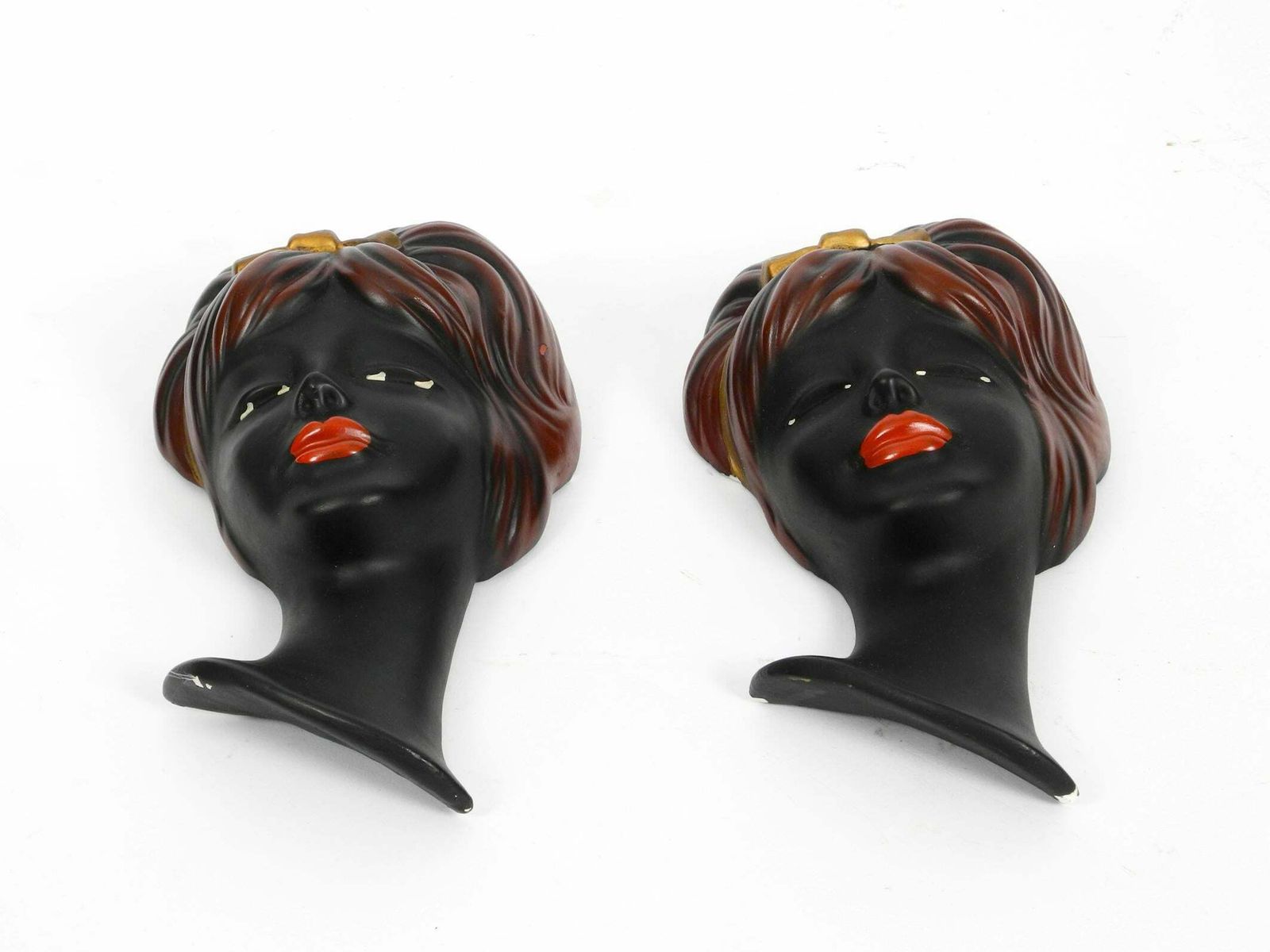 Pair Of Very Beautiful Original Midcentury Hand Painted Ceramic Women Faces photo vintage