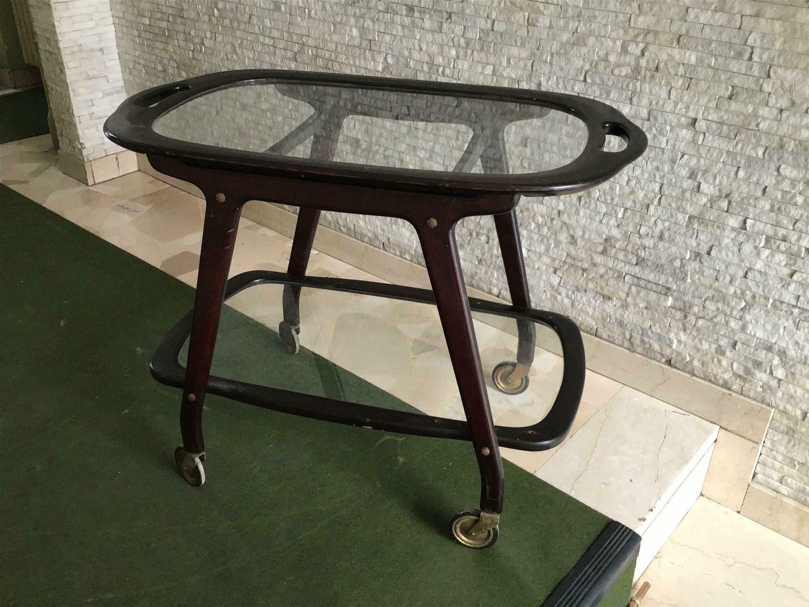 Cesare Lacca Bar Trolley With Movable Tray Wood Brass, 1950, Italy photo vinterior