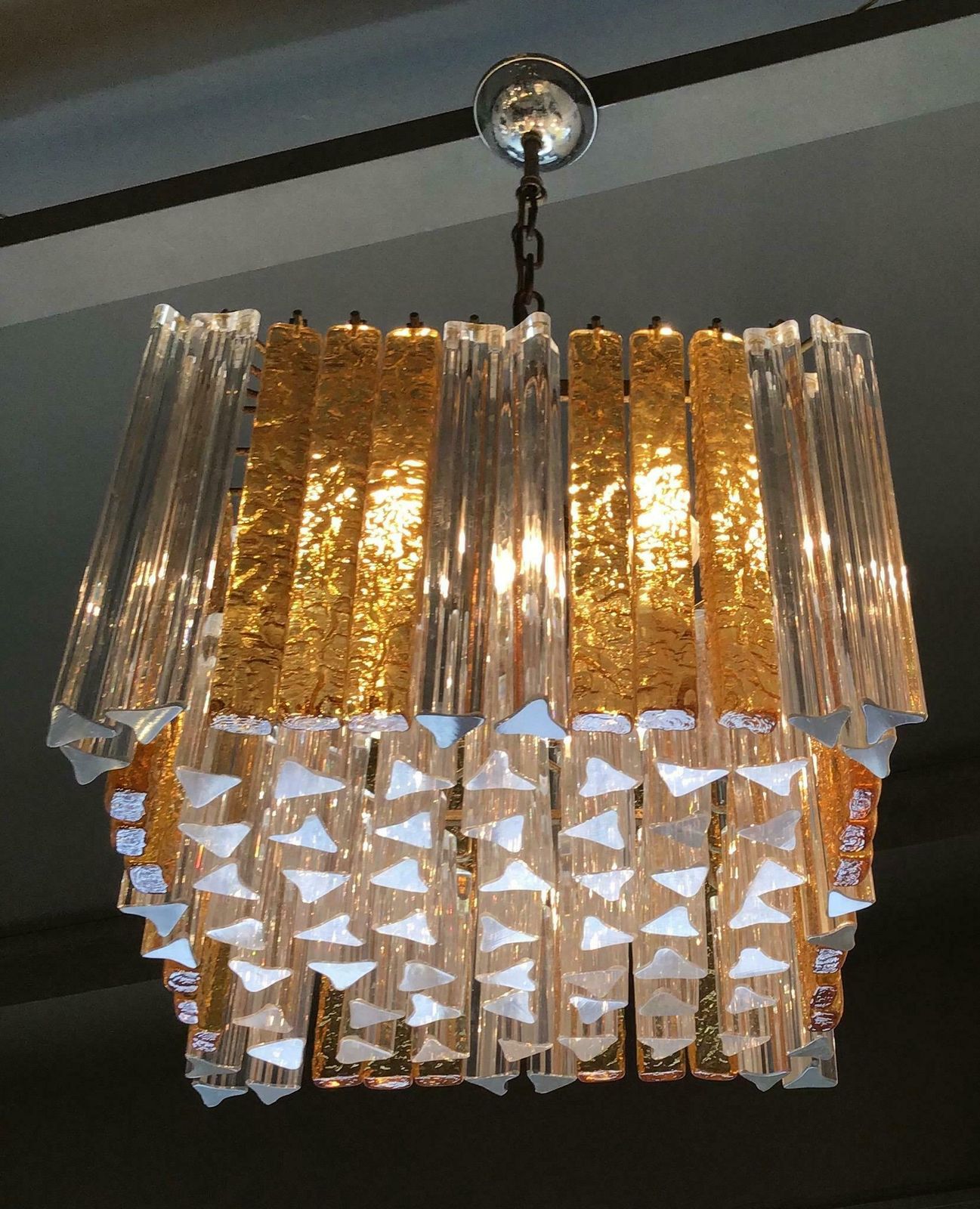 photo for sale Venini Triedri Chandelier Murano Glass Iron 1960 Italy