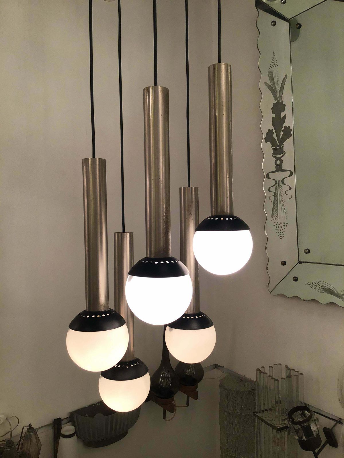 photo vinterior Stilnovo Chandelier 5 Lights Metal Crome Opaline Glass, 1960, Italy