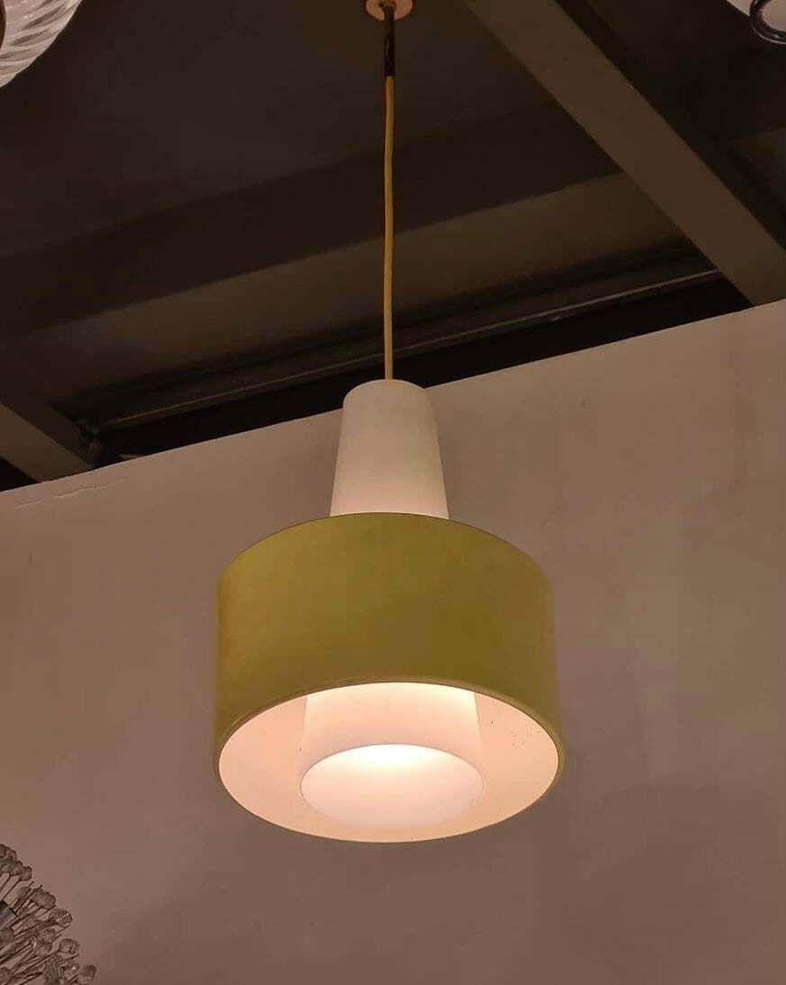 Stilnovo Chandelier Brass Opaline Glass Metal 1950 Italy