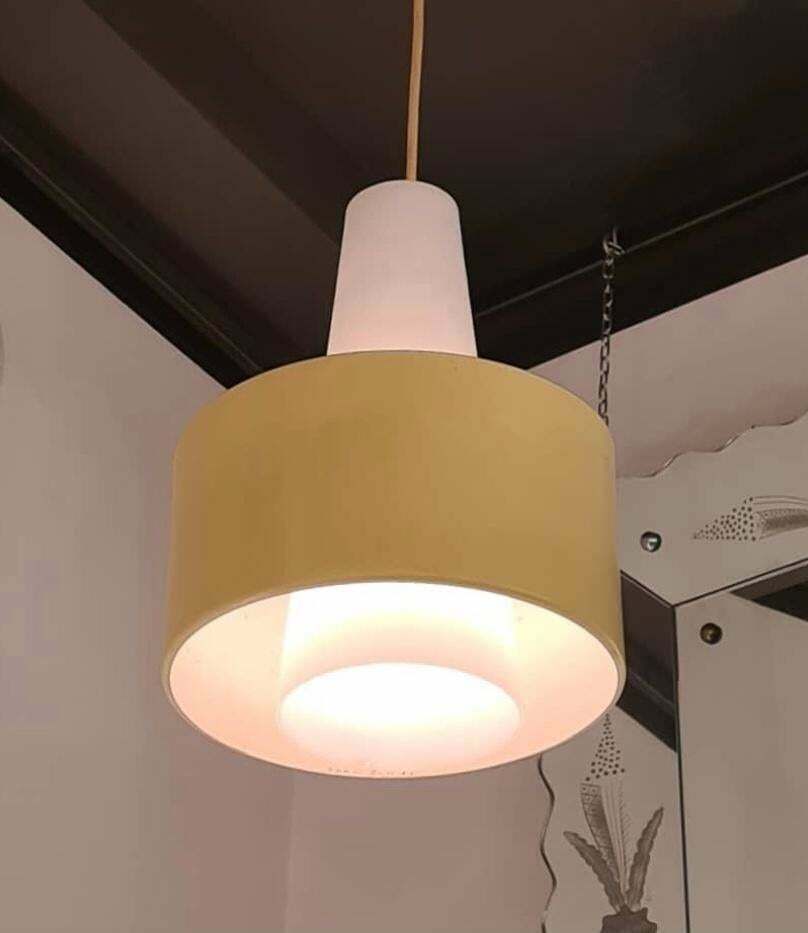 Stilnovo Chandelier Brass Opaline Glass Metal 1950 Italy photo for sale