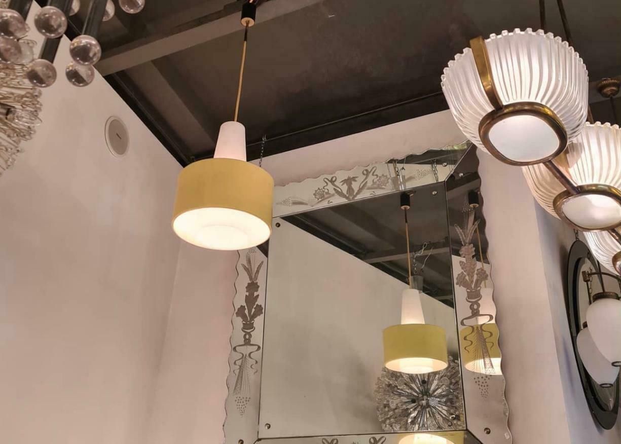 Lighting Stilnovo Chandelier Brass Opaline Glass Metal 1950 Italy photo
