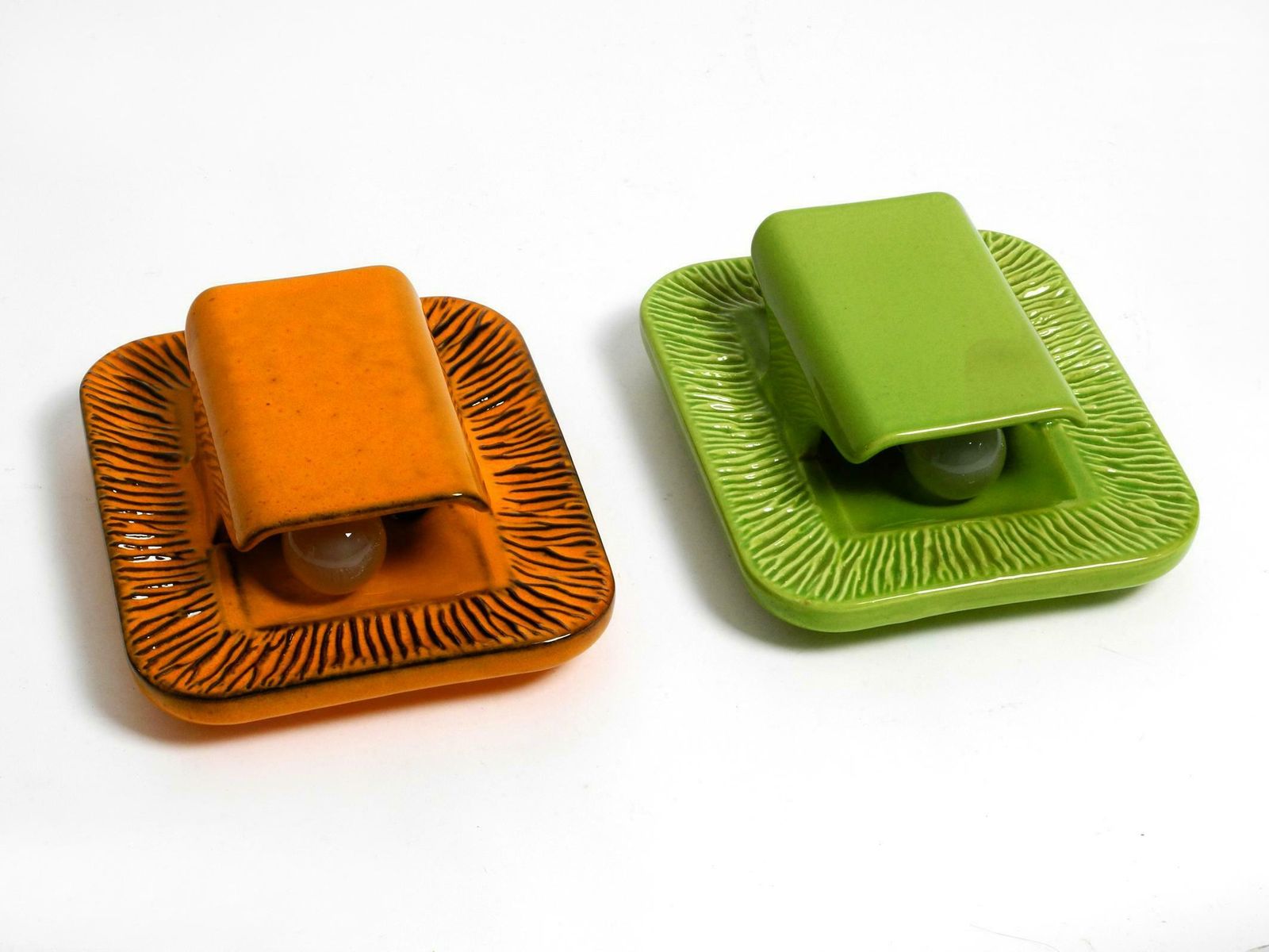 Pair Of Extraordinary Orange And Green Glazed 60s Ceramic Wall Lights By Kaiser photo furniture