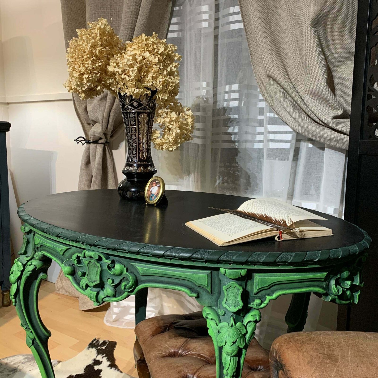 Painted French Antique Table Oval Ornate Carvings Green And Black Colours photo for sale