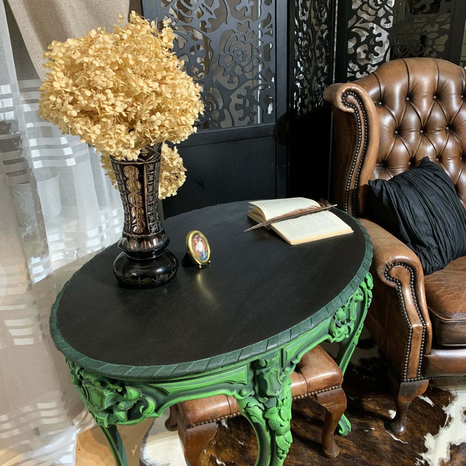 Painted French Antique Table Oval Ornate Carvings Green And Black Colours photo vinterior