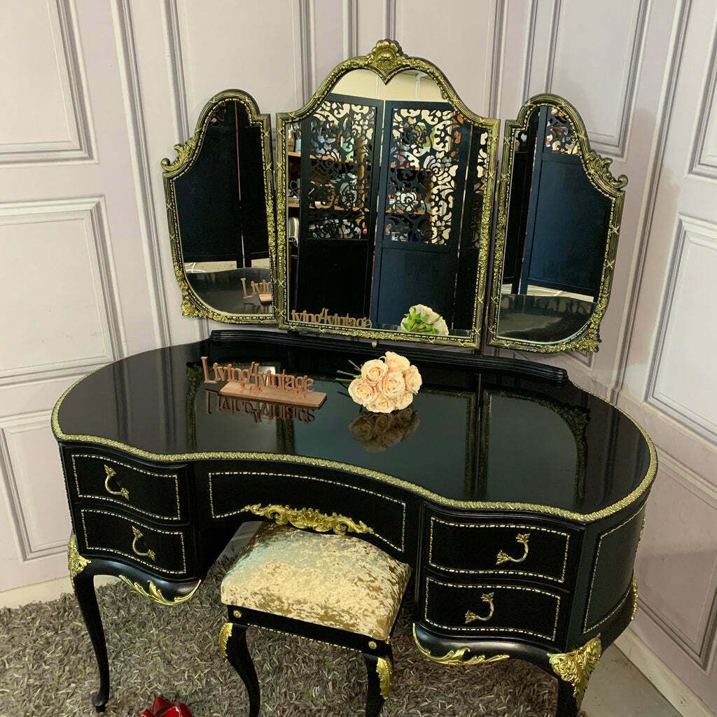Black Gloss Dressing Table French Style Olympus Dressing Table Black & Gold Gloss Furniture photo furniture