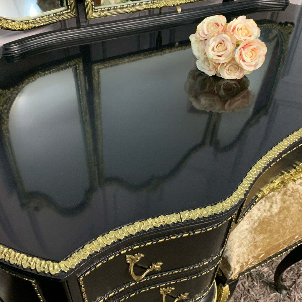 Black Gloss Dressing Table French Style Olympus Dressing Table Black & Gold Gloss Furniture photo 1295.0