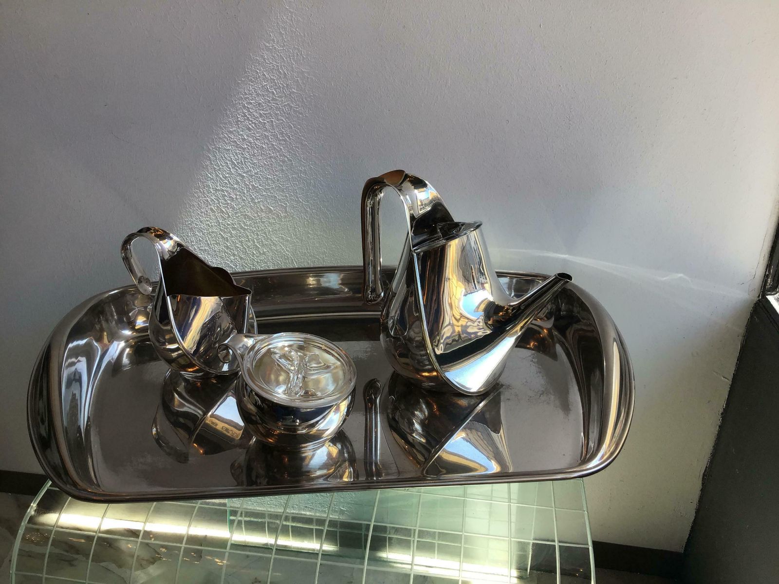 Alessi Silver Wet Steel Tea Set Oronda “Oscar Tusquets” Silver Wood Glass, 1983 photo for sale