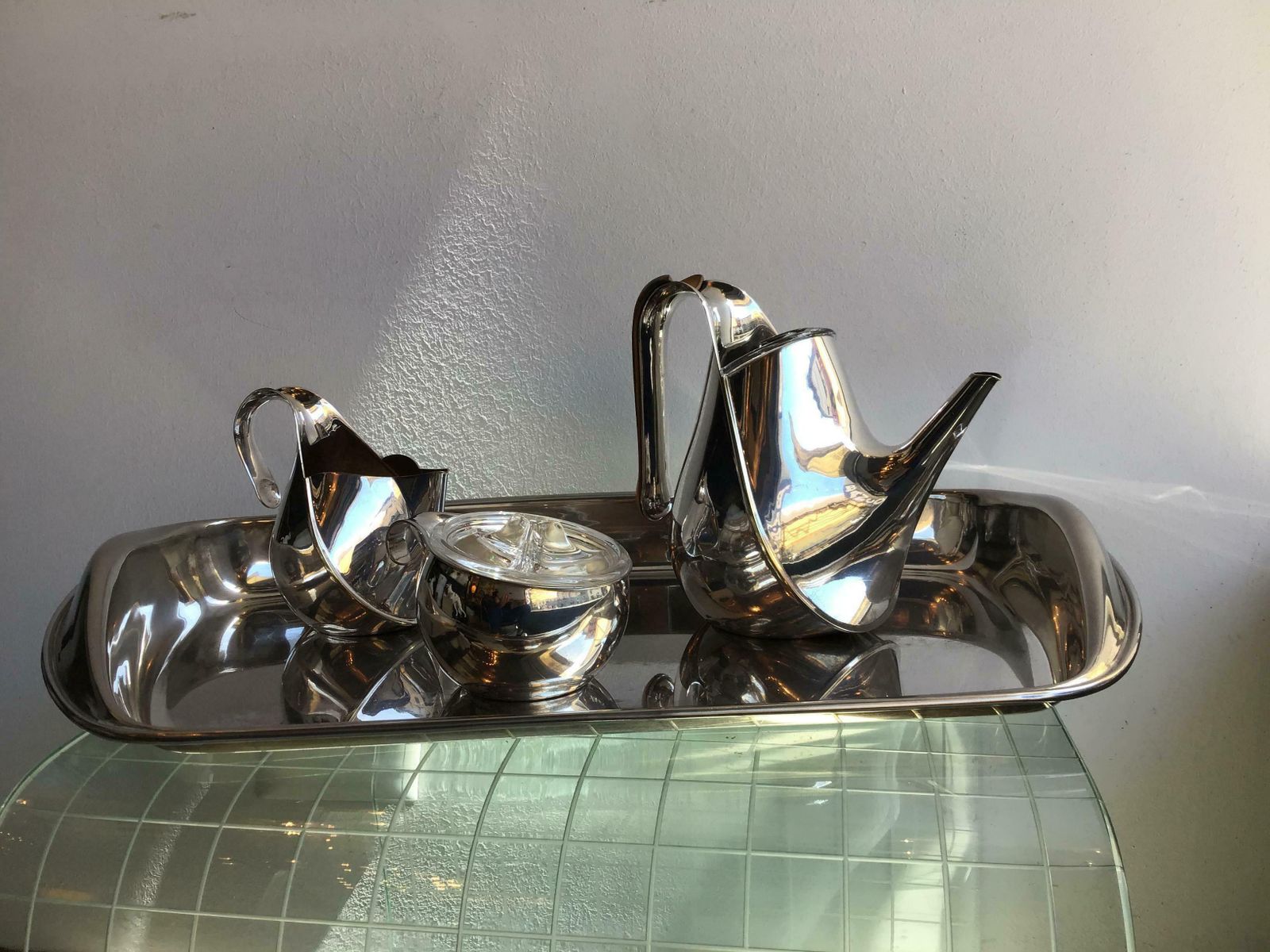 Alessi Silver Wet Steel Tea Set Oronda “Oscar Tusquets” Silver Wood Glass, 1983 photo 2712.0