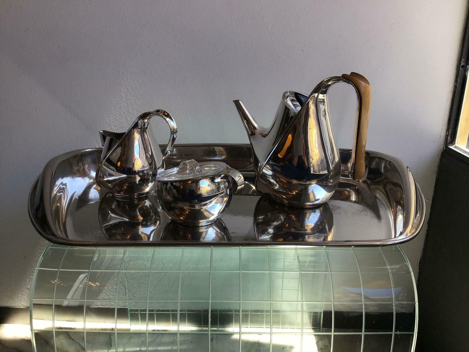 Alessi Silver Wet Steel Tea Set Oronda “Oscar Tusquets” Silver Wood Glass, 1983 photo buy