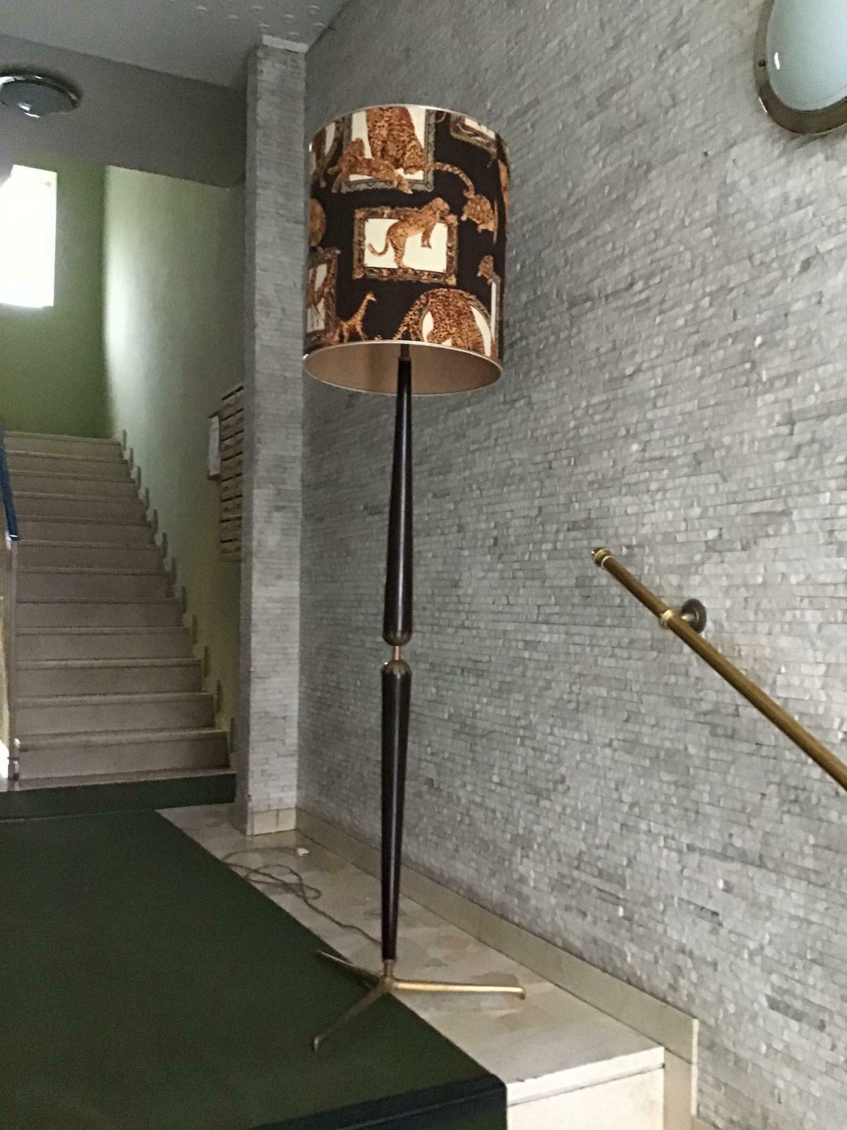 Floor Lamp Ico Parisi #Stile# Wood Brass Fabric Lampshade, 1950, Italy photo vintage