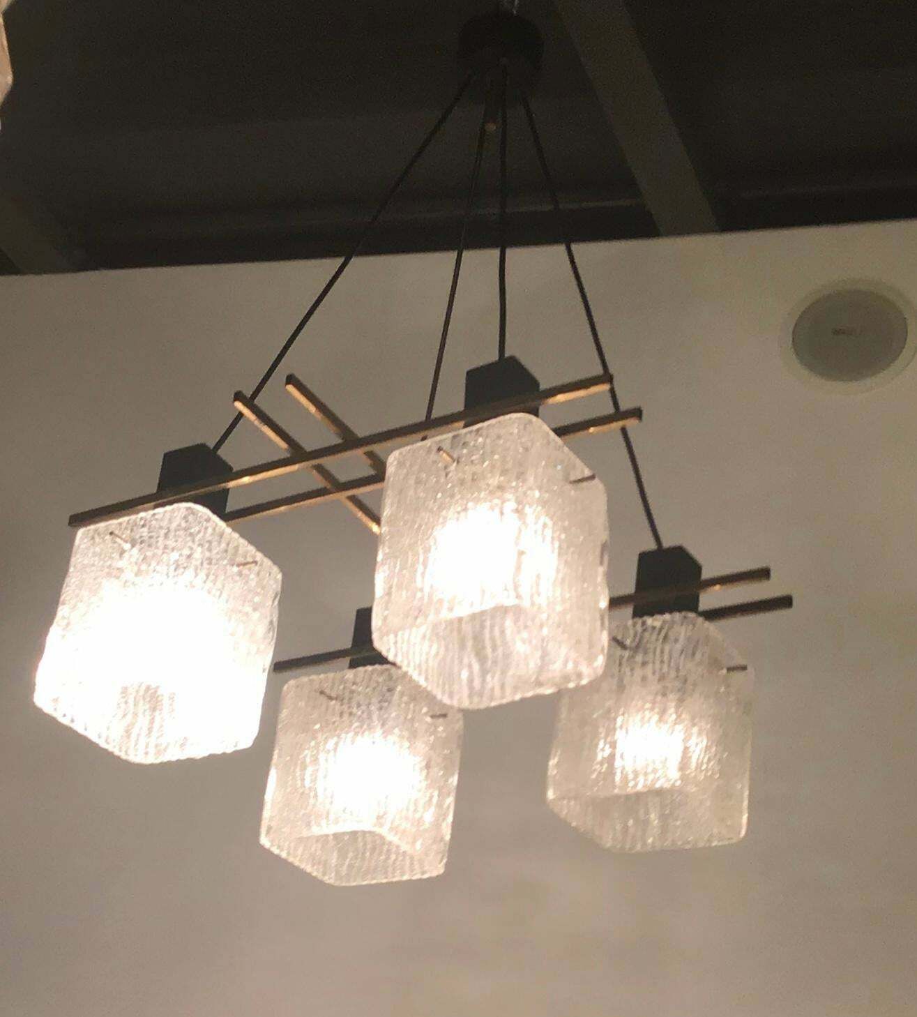 Stilnovo Style Chandelier 1955 Brass Metal Iron Murano Glass, Italy photo vinterior