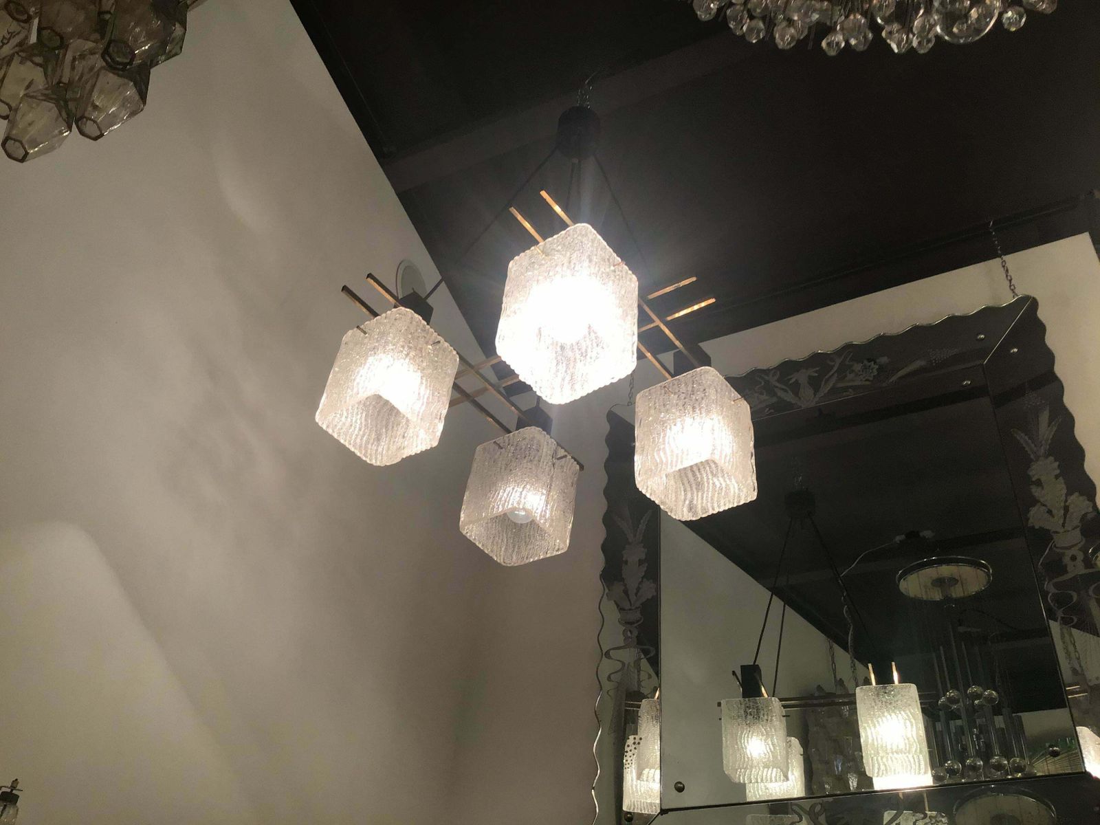 photo for sale Stilnovo Style Chandelier 1955 Brass Metal Iron Murano Glass, Italy