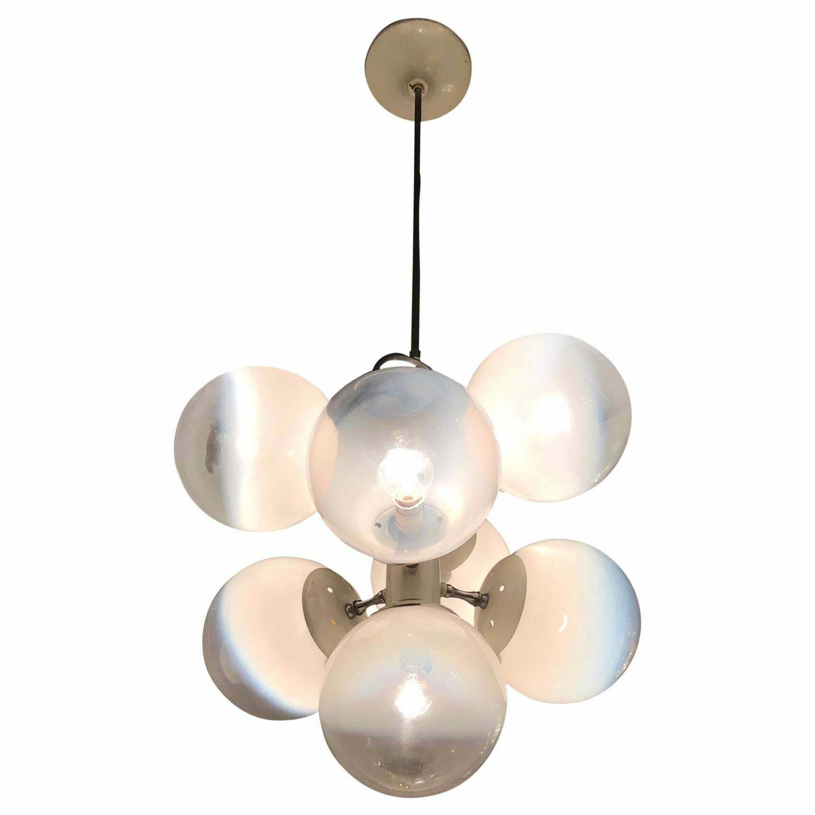 Stilnovo Style Chandelier Glass Metal Crome 7 Lights, 1960, Italy
