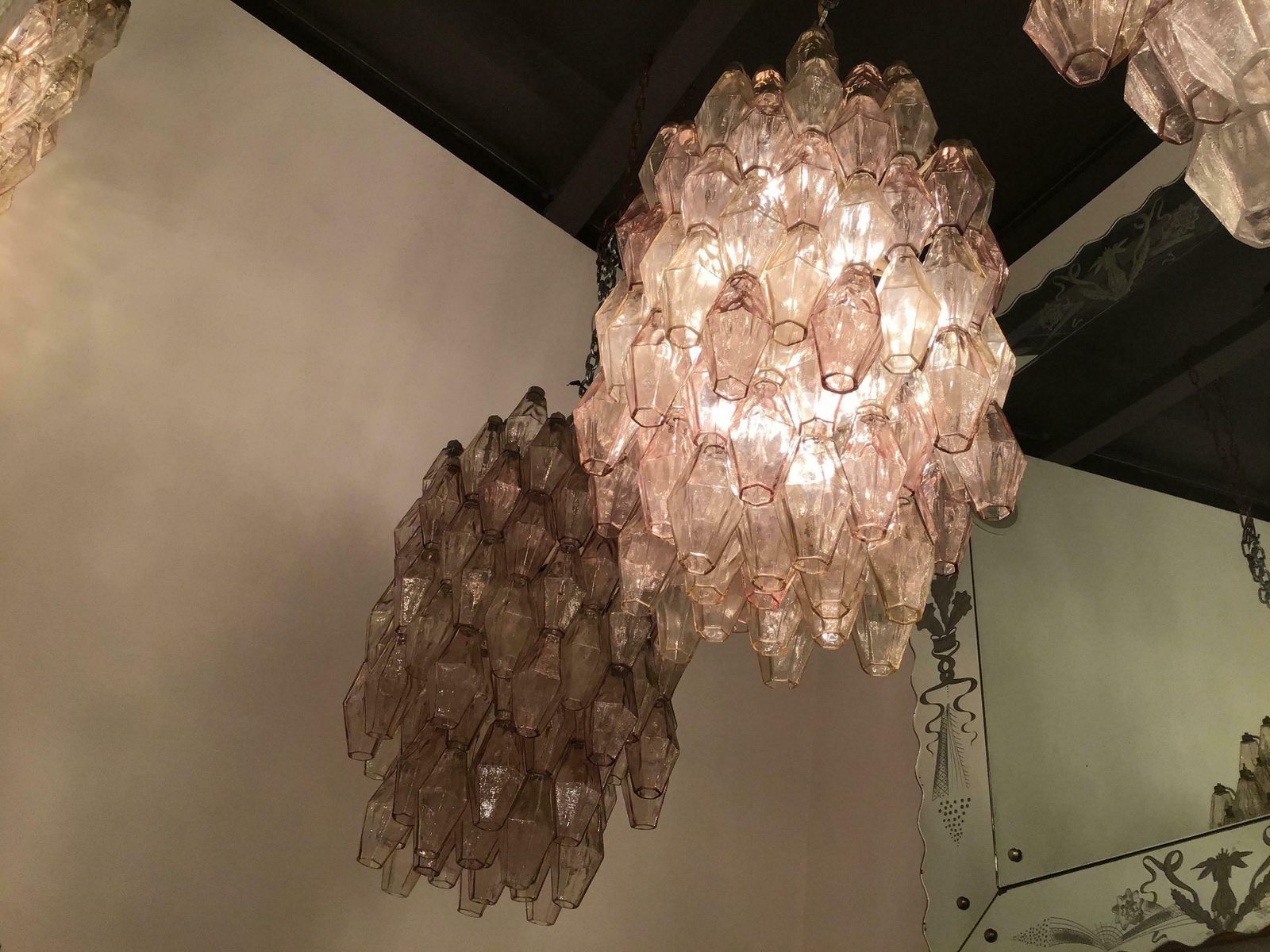 Venini Carlo Scarpa Poliedri Couple Chandelier Murano Glass Brass, 1950, Italy photo 18082.0