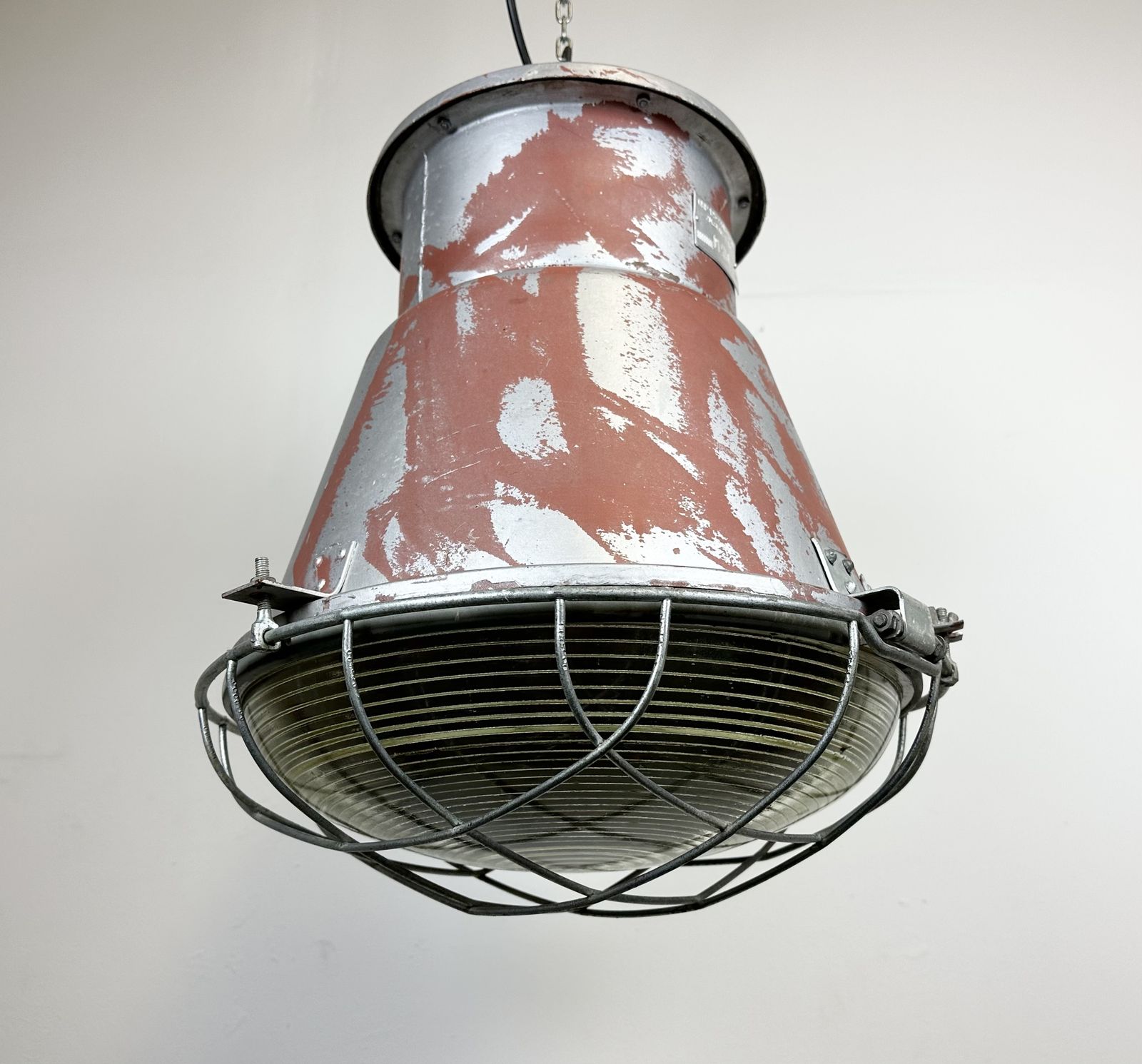 photo vinterior Industrial Cage Factory Pendant Lamp With Glass Cover From Mesko, 1970s, 2x